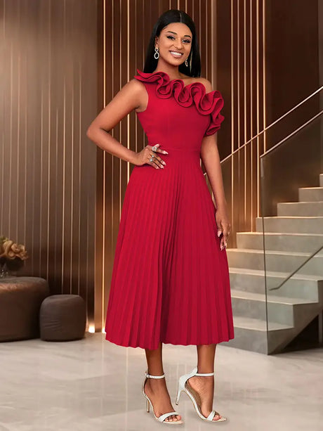 AOMEIDRESS One Shoulder A Line Pleated Party Dresses Ruffle Detail Red / S