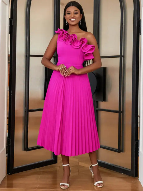 AOMEIDRESS One Shoulder A Line Pleated Party Dresses Ruffle Detail Rose / S