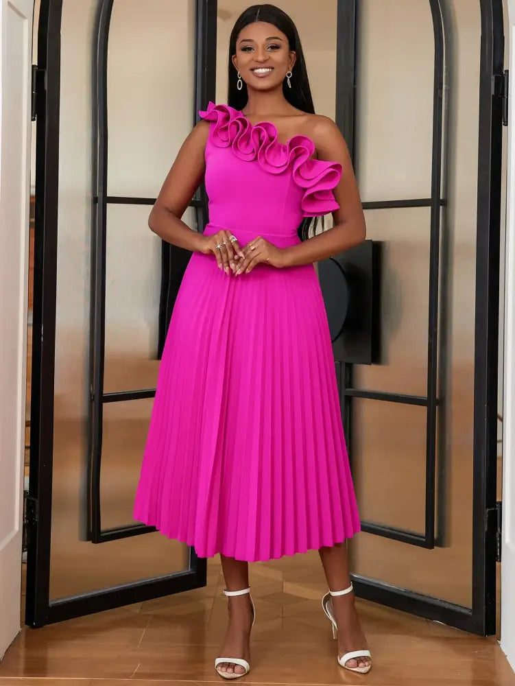 AOMEIDRESS One Shoulder A Line Pleated Party Dresses Ruffle Detail Rose / S