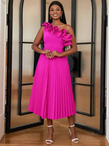 AOMEIDRESS One Shoulder A Line Pleated Party Dresses Ruffle Detail Rose / S