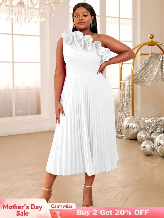 AOMEIDRESS One Shoulder A Line Pleated Party Dresses Ruffle Detail White / S