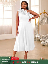 AOMEIDRESS One Shoulder A Line Pleated Party Dresses Ruffle Detail White / S