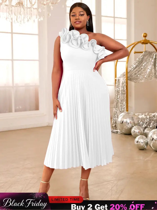 AOMEIDRESS One Shoulder A Line Pleated Party Dresses Ruffle Detail White / S
