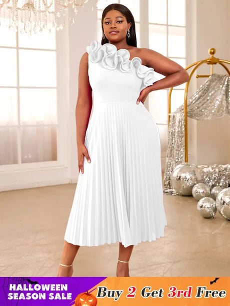 AOMEIDRESS One Shoulder A Line Pleated Party Dresses Ruffle Detail White / S