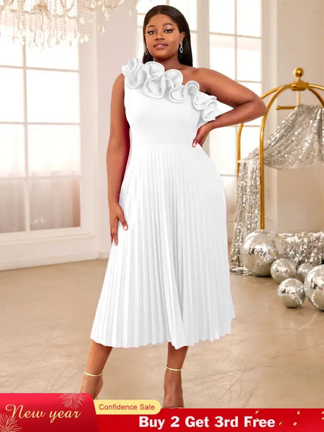 AOMEIDRESS One Shoulder A Line Pleated Party Dresses Ruffle Detail White / S