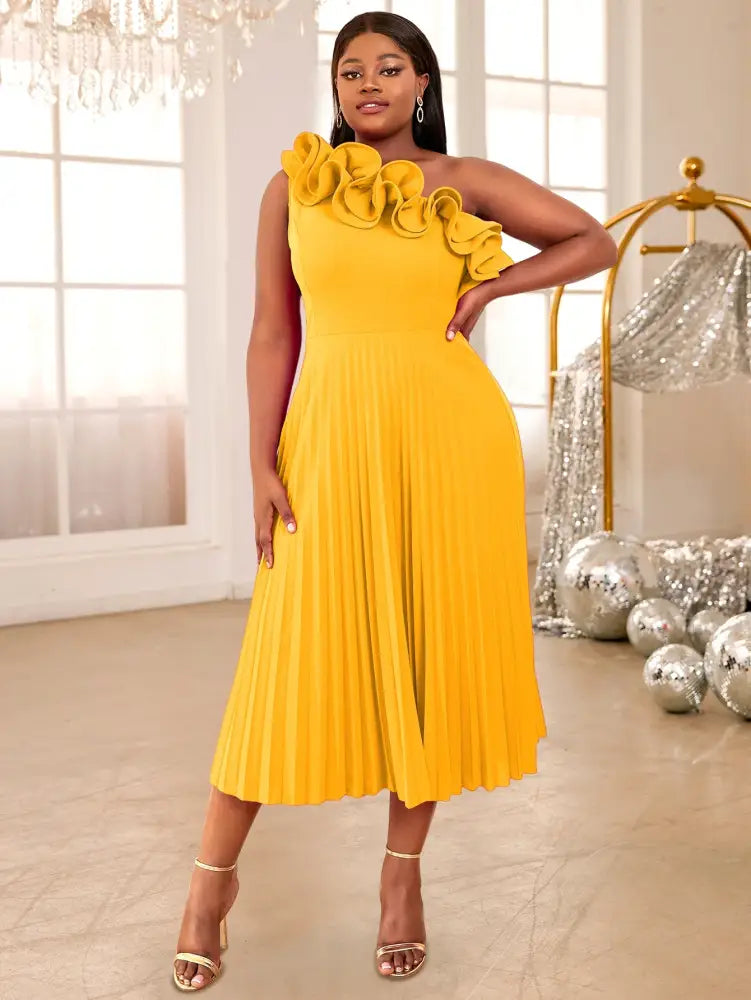 AOMEIDRESS One Shoulder A Line Pleated Party Dresses Ruffle Detail Yellow / S