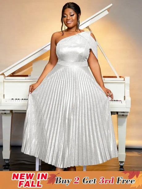 AOMEIDRESS One Shoulder Dress Diagonal Collar Sleevesless Pleated Silver / S