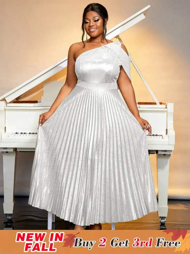 AOMEIDRESS One Shoulder Dress Diagonal Collar Sleevesless Pleated Silver / S