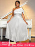 AOMEIDRESS One Shoulder Dress Diagonal Collar Sleevesless Pleated Silver / S