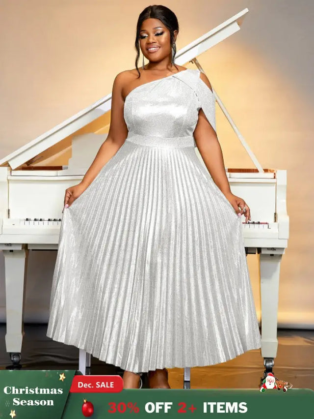 AOMEIDRESS One Shoulder Dress Diagonal Collar Sleevesless Pleated Silver / S