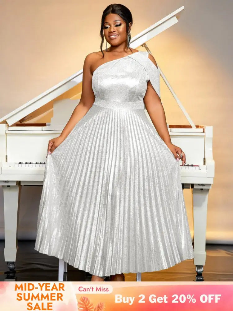 AOMEIDRESS One Shoulder Dress Diagonal Collar Sleevesless Pleated Silver / S