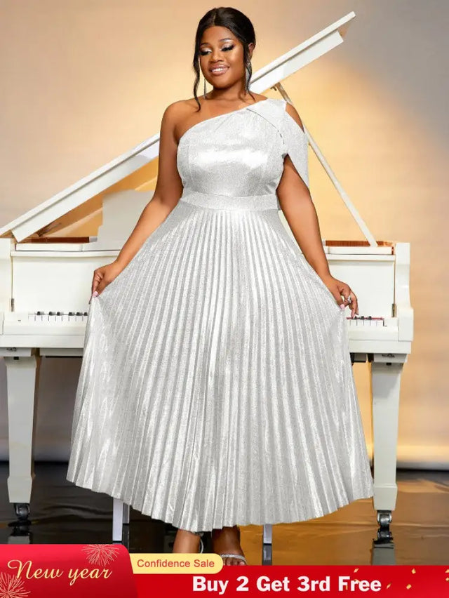 AOMEIDRESS One Shoulder Dress Diagonal Collar Sleevesless Pleated Silver / S