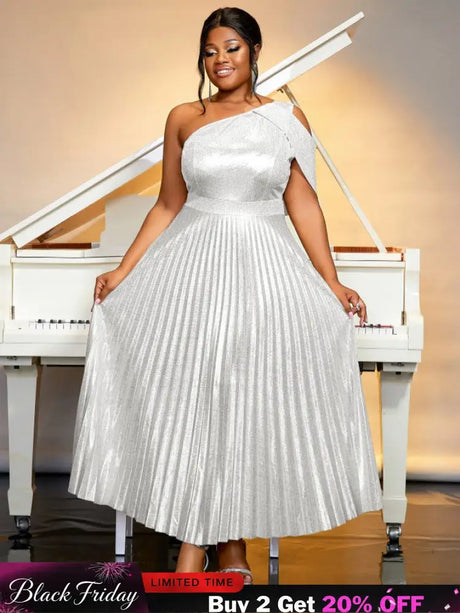 AOMEIDRESS One Shoulder Dress Diagonal Collar Sleevesless Pleated Silver / S