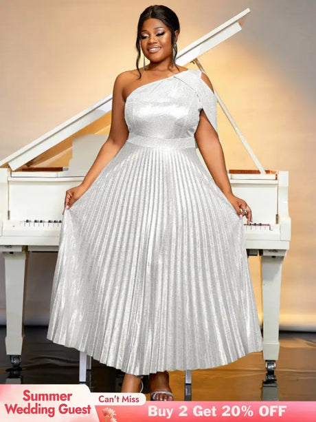 AOMEIDRESS One Shoulder Dress Diagonal Collar Sleevesless Pleated Silver / S