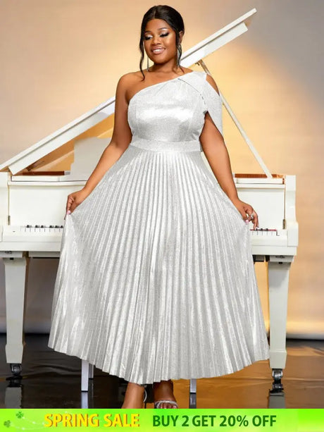 AOMEIDRESS One Shoulder Dress Diagonal Collar Sleevesless Pleated Silver / S