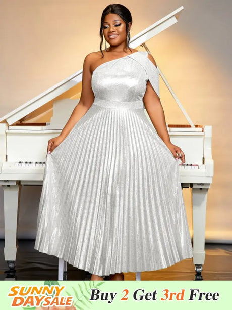 AOMEIDRESS One Shoulder Dress Diagonal Collar Sleevesless Pleated Silver / S