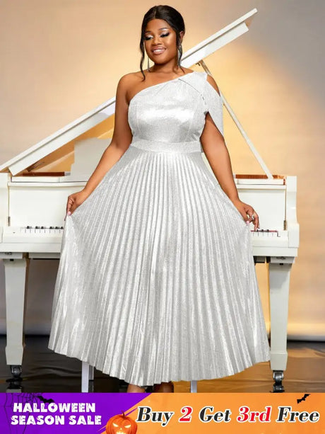 AOMEIDRESS One Shoulder Dress Diagonal Collar Sleevesless Pleated Silver / S
