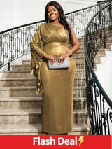 AOMEIDRESS One Shoulder Dress Pleated Long Flare Sleeve Package Hip Gold / S