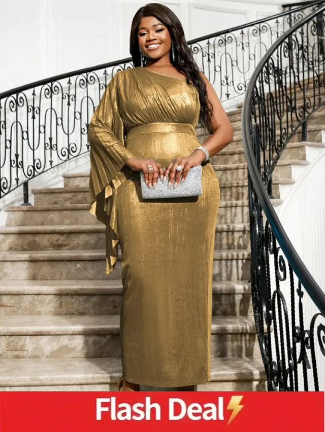 AOMEIDRESS One Shoulder Dress Pleated Long Flare Sleeve Package Hip Gold / S