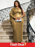 AOMEIDRESS One Shoulder Dress Pleated Long Flare Sleeve Package Hip Gold / S