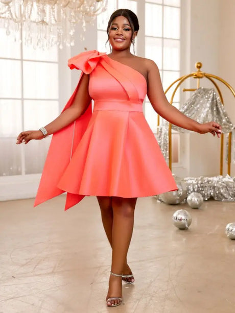 AOMEIDRESS One Shoulder Dress Sleeveless Big Bow High Waist A Line Orange / S