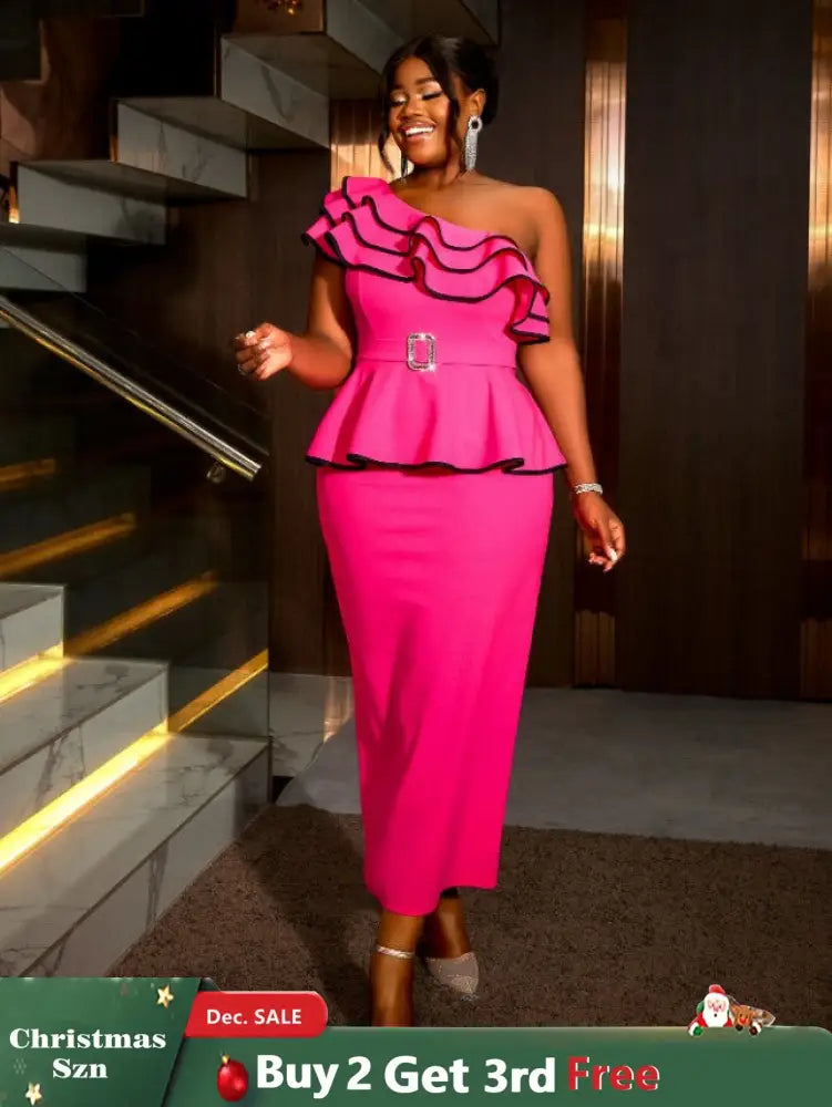 AOMEIDRESS One Shoulder Dress Tierred Ruffles Peplum Package Hip Rose / S