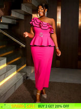 AOMEIDRESS One Shoulder Dress Tierred Ruffles Peplum Package Hip Rose / S