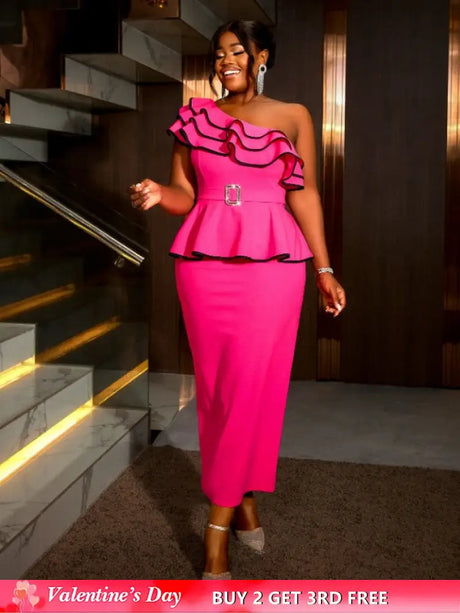 AOMEIDRESS One Shoulder Dress Tierred Ruffles Peplum Package Hip Rose / S