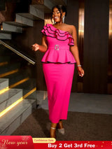 AOMEIDRESS One Shoulder Dress Tierred Ruffles Peplum Package Hip Rose / S