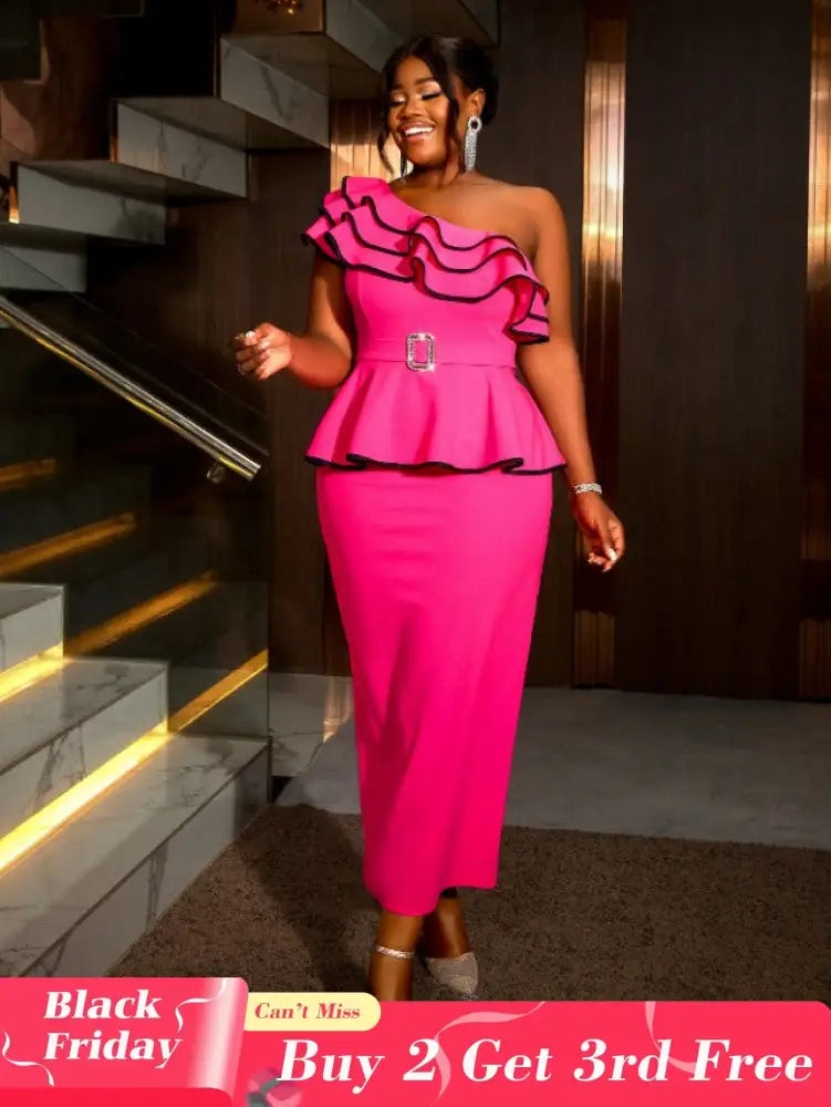 AOMEIDRESS One Shoulder Dress Tierred Ruffles Peplum Package Hip Rose / S