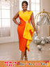 AOMEIDRESS One Shoulder Dress Yellow Block Color Bow Ruffles Empire Orange / S