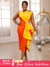 AOMEIDRESS One Shoulder Dress Yellow Block Color Bow Ruffles Empire Orange / S