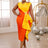 AOMEIDRESS One Shoulder Dress Yellow Block Color Bow Ruffles Empire Orange / S