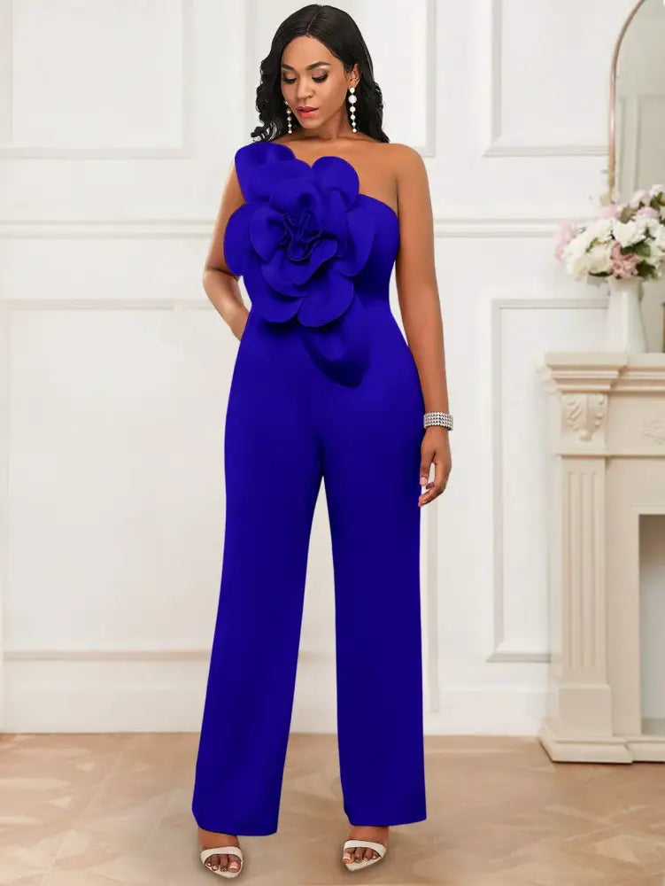 AOMEIDRESS One Shoulder Party Jumpsuit Big Flower Sexy Backless