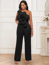 AOMEIDRESS One Shoulder Party Jumpsuit Big Flower Sexy Backless Black / S