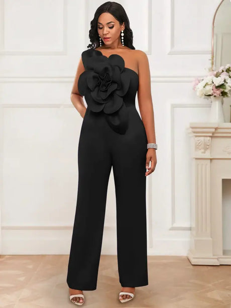 AOMEIDRESS One Shoulder Party Jumpsuit Big Flower Sexy Backless Black / S