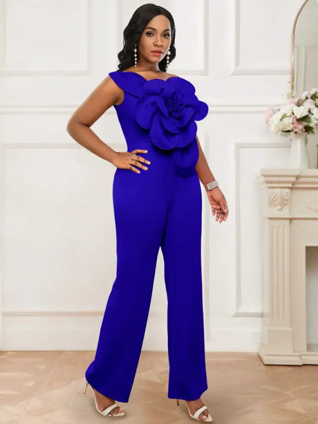 AOMEIDRESS One Shoulder Party Jumpsuit Big Flower Sexy Backless Blue / S