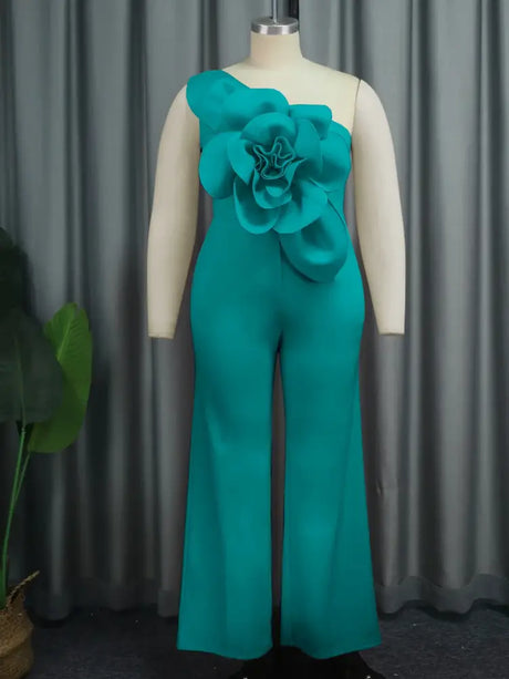 AOMEIDRESS One Shoulder Party Jumpsuit Big Flower Sexy Backless Green / S