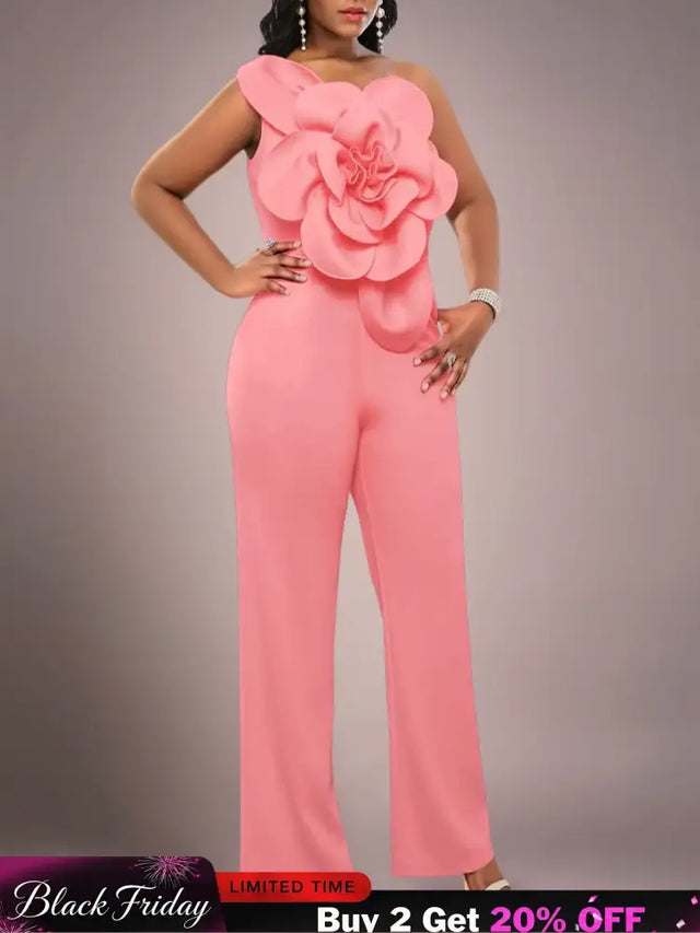AOMEIDRESS One Shoulder Party Jumpsuit Big Flower Sexy Backless Pink / S