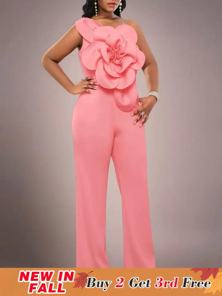 AOMEIDRESS One Shoulder Party Jumpsuit Big Flower Sexy Backless Pink / S