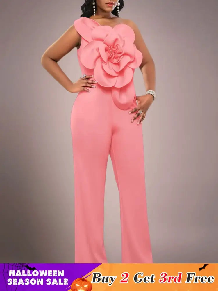 AOMEIDRESS One Shoulder Party Jumpsuit Big Flower Sexy Backless Pink / S
