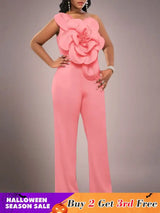 AOMEIDRESS One Shoulder Party Jumpsuit Big Flower Sexy Backless Pink / S
