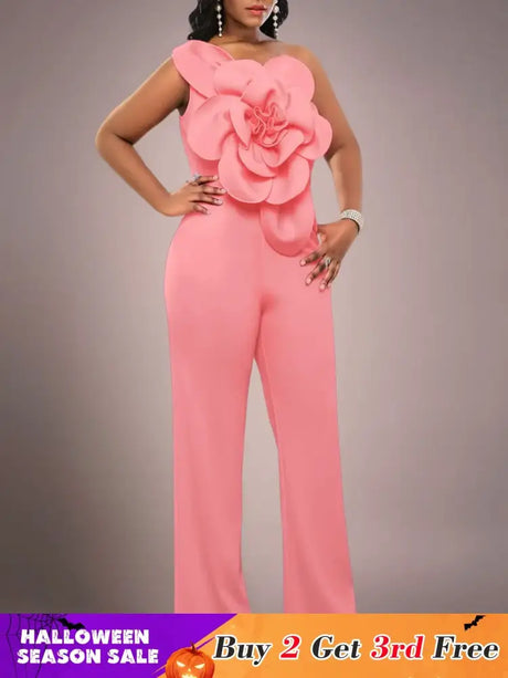 AOMEIDRESS One Shoulder Party Jumpsuit Big Flower Sexy Backless Pink / S