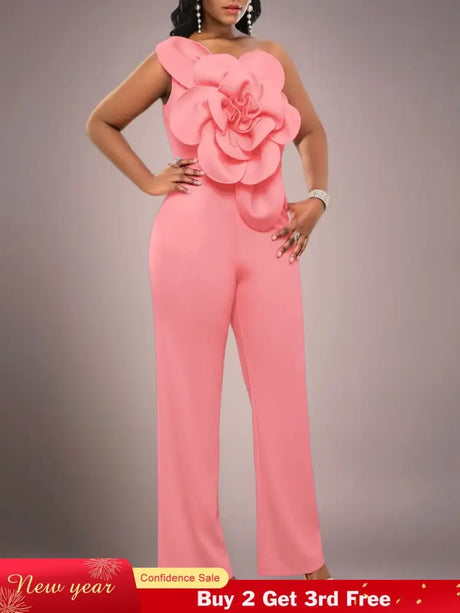 AOMEIDRESS One Shoulder Party Jumpsuit Big Flower Sexy Backless Pink / S
