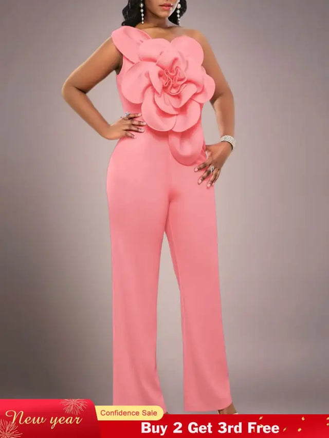 AOMEIDRESS One Shoulder Party Jumpsuit Big Flower Sexy Backless Pink / S