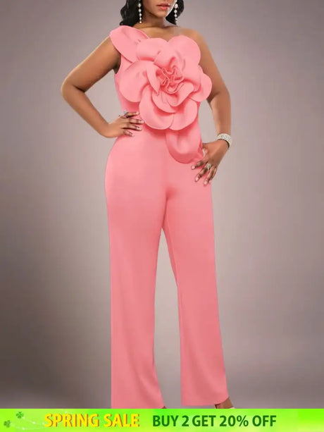 AOMEIDRESS One Shoulder Party Jumpsuit Big Flower Sexy Backless Pink / S