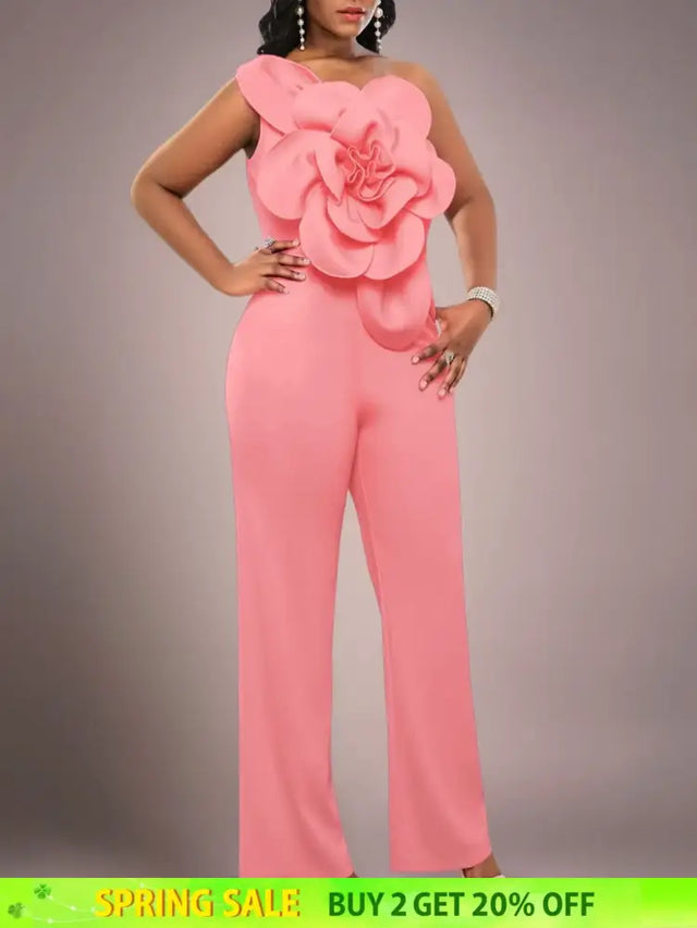 AOMEIDRESS One Shoulder Party Jumpsuit Big Flower Sexy Backless Pink / S