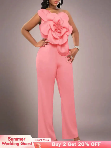 AOMEIDRESS One Shoulder Party Jumpsuit Big Flower Sexy Backless Pink / S
