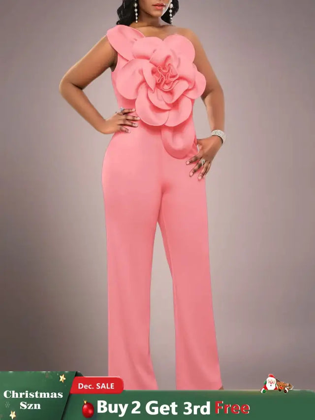 AOMEIDRESS One Shoulder Party Jumpsuit Big Flower Sexy Backless Pink / S
