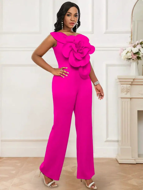AOMEIDRESS One Shoulder Party Jumpsuit Big Flower Sexy Backless Rose / S